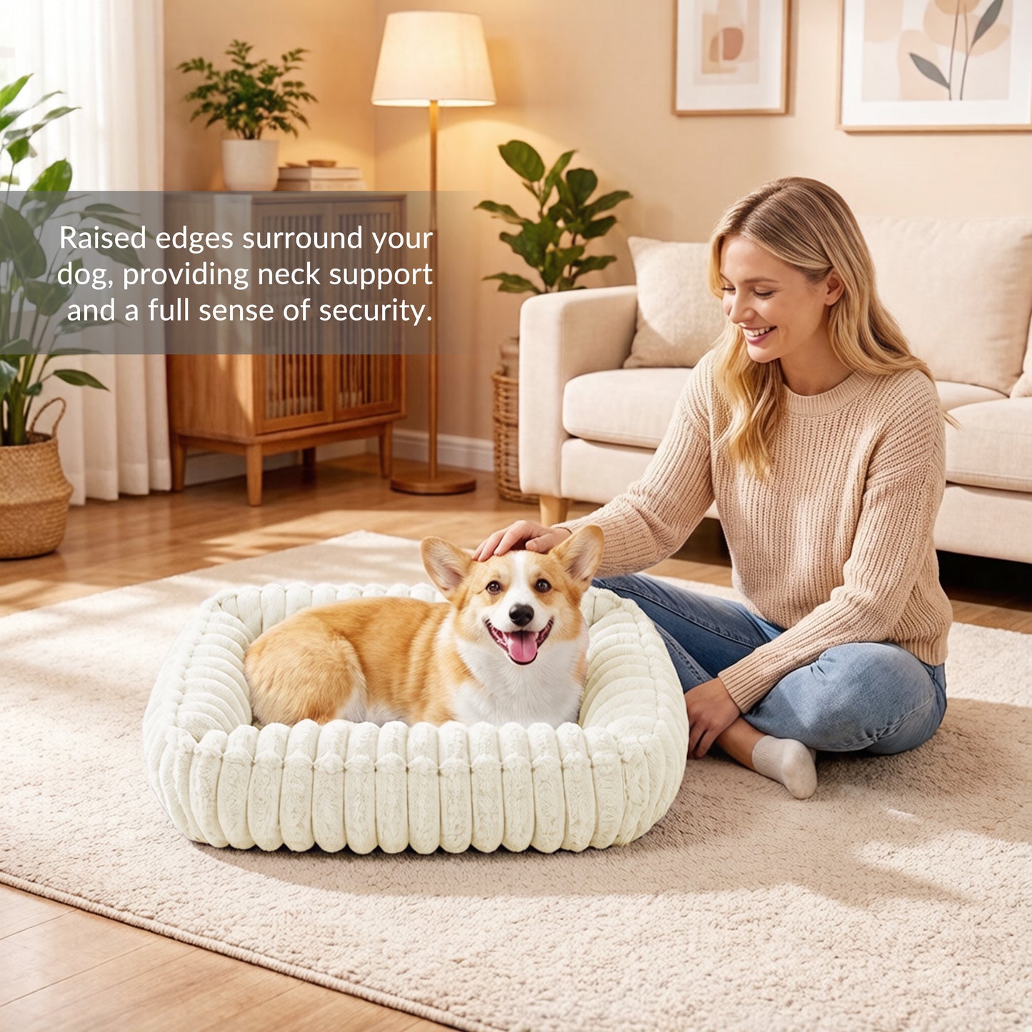 Exclusivo Mezcla Ribbed Plush Cuddler Dog Bed, 24"x20" Calming Pet Bed with Non-Slip Bottom for Medium Dogs, Machine Washable, Ivory