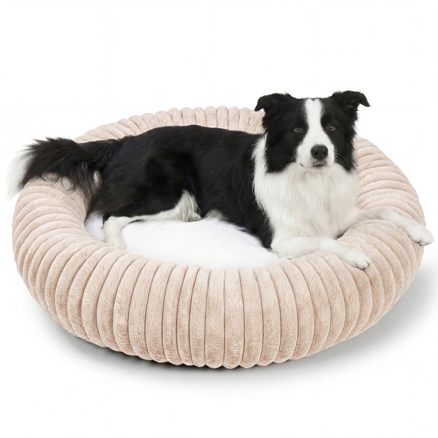 Exclusivo Mezcla Calming Donut Dog Bed, 32 inches Cozy Fluffy Faux Rabbit Fur Round Pet Bed, Machine Washable, Apricot