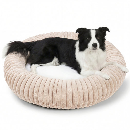 Exclusivo Mezcla Calming Donut Dog Bed, 32 inches Cozy Fluffy Faux Rabbit Fur Round Pet Bed, Machine Washable, Apricot