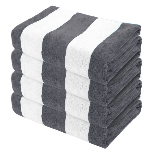 Exclusivo Mezcla 4-Pack Large Beach Towel for Kids and Adults, Microfiber Cabana Striped Pool Beach Towels Set (Grey, 30" x 60"), Lightweight and Highly Absorbent