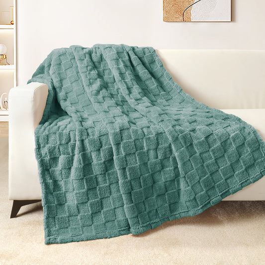 Exclusivo Mezcla Fleece Throw Blanket for Couch, Super Soft 3D Checkered Jacquard Bed Blanket, Cozy Fluffy Lightweight Blanket for All Seasons, 50x60 Inches, Celadon Blanket