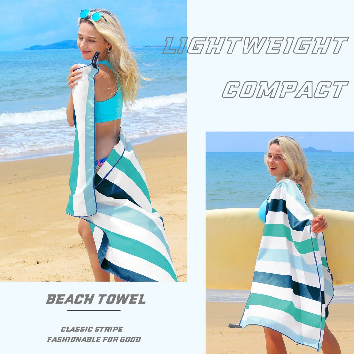 Exclusivo Mezcla Microfiber Quick Dry Beach Towel, Large Sand Free Beach Towel for Travel/ Camping/ Sports (Striped Green, 30"X60") - Super Absorbent, Compact and Lightweight