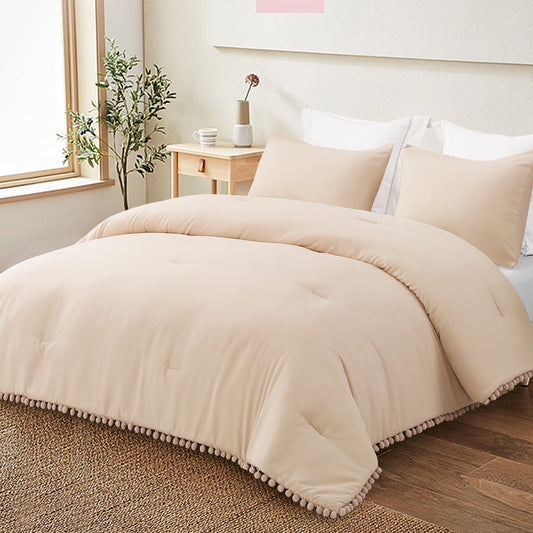 Exclusivo Mezcla Boho Pom Pom Ball Fringe Queen Comforter Set, 3 Piece Beige Lightweight Down Alternative Bedding Comforter Sets for All Seasons (1 Comforter and 2 Pillowcases)