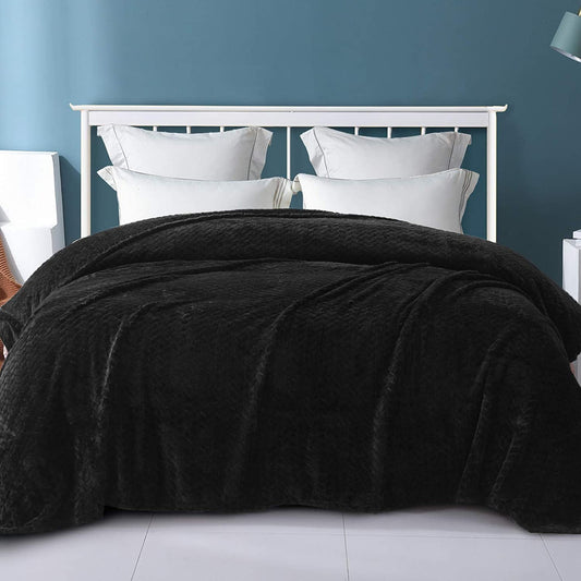 Exclusivo Mezcla King Size Jacquard Weave Leaves Pattern Flannel Fleece Velvet Plush Bed Blanket for Couch Bed Sofa (90" x 104", Black) - Soft, Lightweight, Warm and Cozy