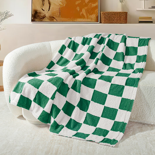 Exclusivo Mezcla Checkered Throw Blanket, Super Soft and Warm Fluffy Fleece Blanket for Couch, Sofa, Bed, Cute Plaid Pattern, Green, 50" x 60"
