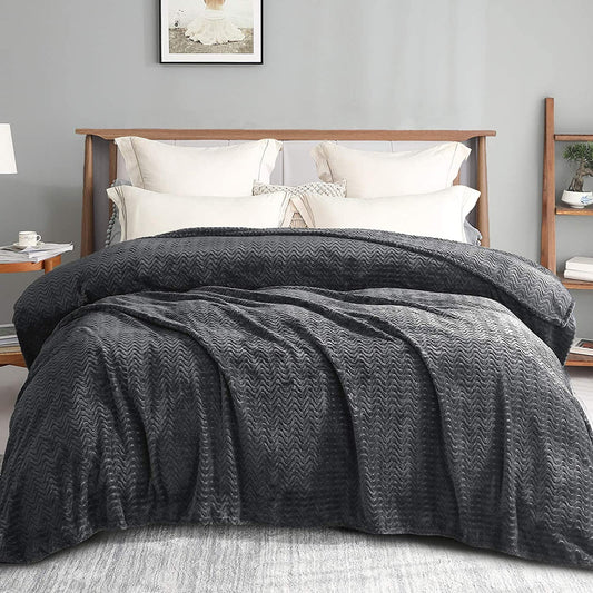 Exclusivo Mezcla King Size Jacquard Weave Wave Pattern Flannel Fleece Velvet Plush Bed Blanket as Bedspread/Coverlet/Bed Cover (90" x 104",Grey) - Soft, Lightweight, Warm and Cozy