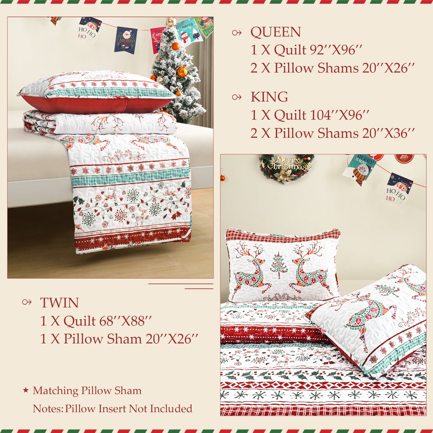 Exclusivo Mezcla Christmas Quilt Twin Size, Rust Red Striped Bedspreads Reversible Coverlets Bedding Set with Printed Flowers Reindeer Pattern (1 Quilt, 1 Pillow Sham)