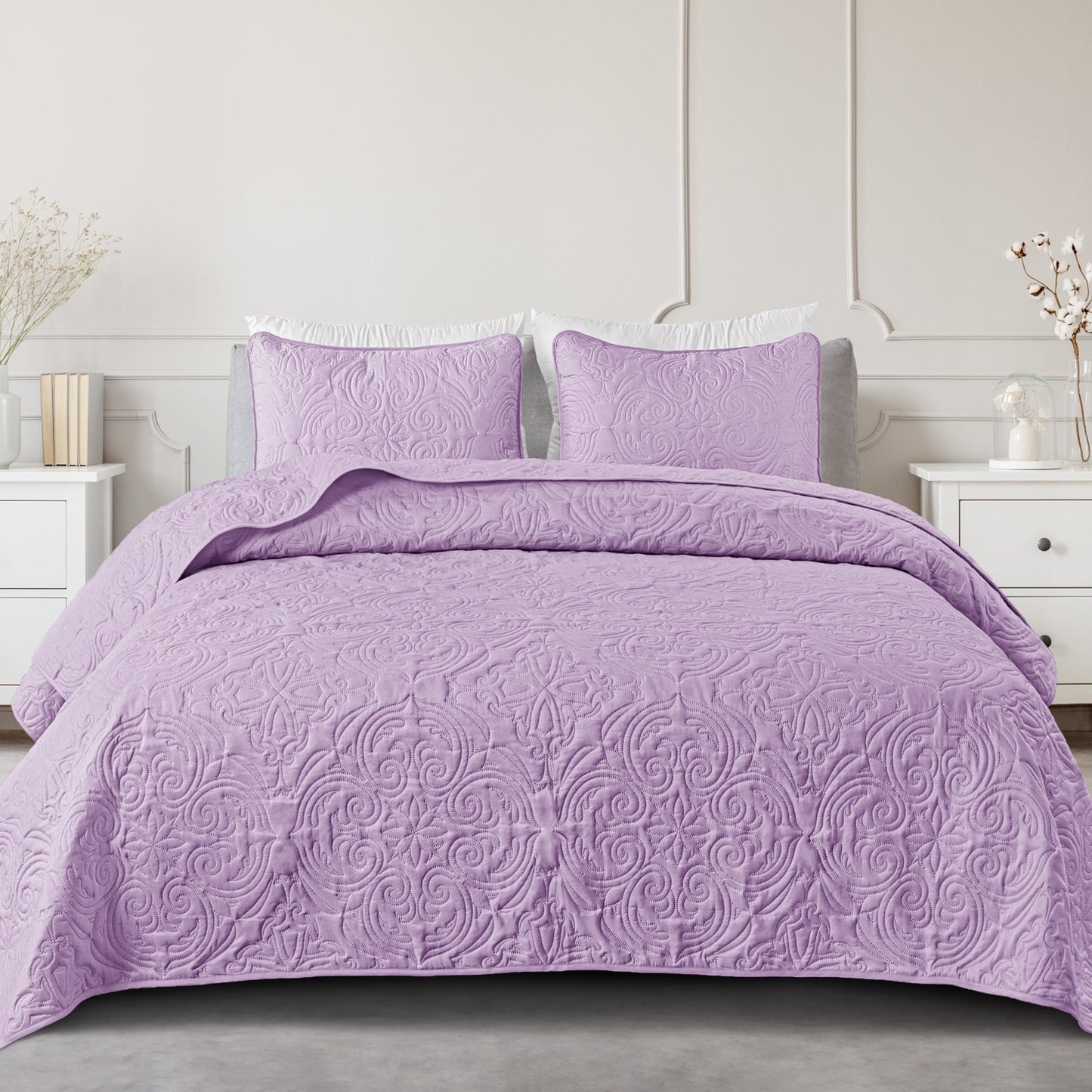 Exclusivo Mezcla Oversized King Quilt Bedding Set, Lightweight Vintage California Cal King Size Quilts with Pillow Shams, Soft Bedspreads Coverlets for All Seasons, (112"x104", Lilac)