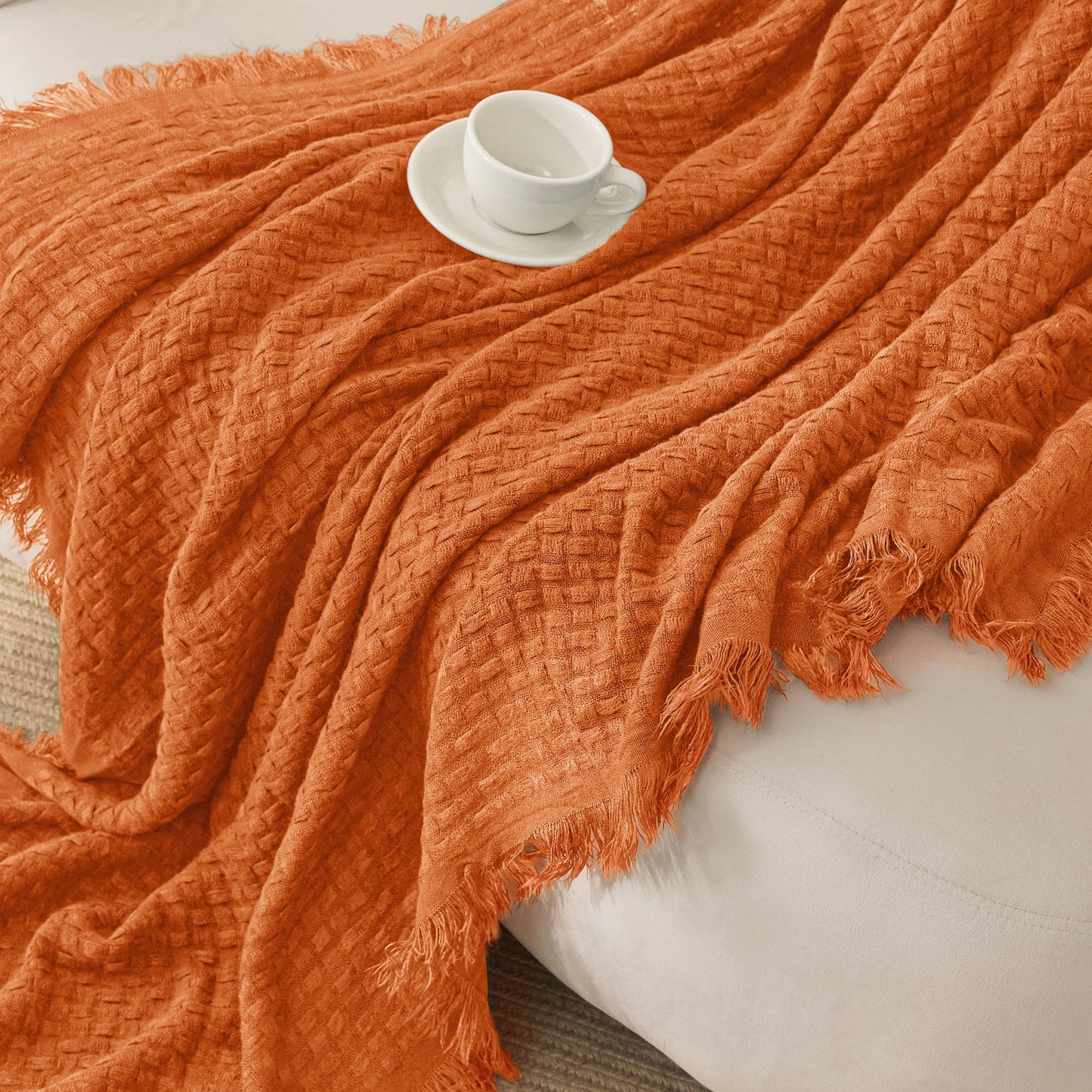 Exclusivo Mezcla Knitted Twin Size Blanket with Fringes for Bed, Soft and Warm Textured Blanket for All Season, Lightweight Breathable Living Room Bedding, Burnt Orange, 60??x80??,Exclusivo Mezcla"
