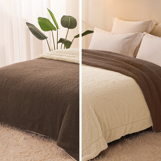 Exclusivo Mezcla Queen Size Reversible Sherpa Fleece Blanket, Soft Plush Blanket for Bed Sofa, Warm Fluffy Blankets for All Season, 90x90 Inches, Brown/ Khaki