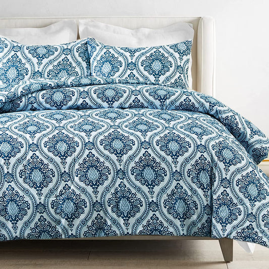 Exclusivo Mezcla 3-Piece Boho Damask King Size Comforter Set, Microfiber Bedding Down Alternative Comforter for All Seasons with 2 Pillow Shams, Navy Blue