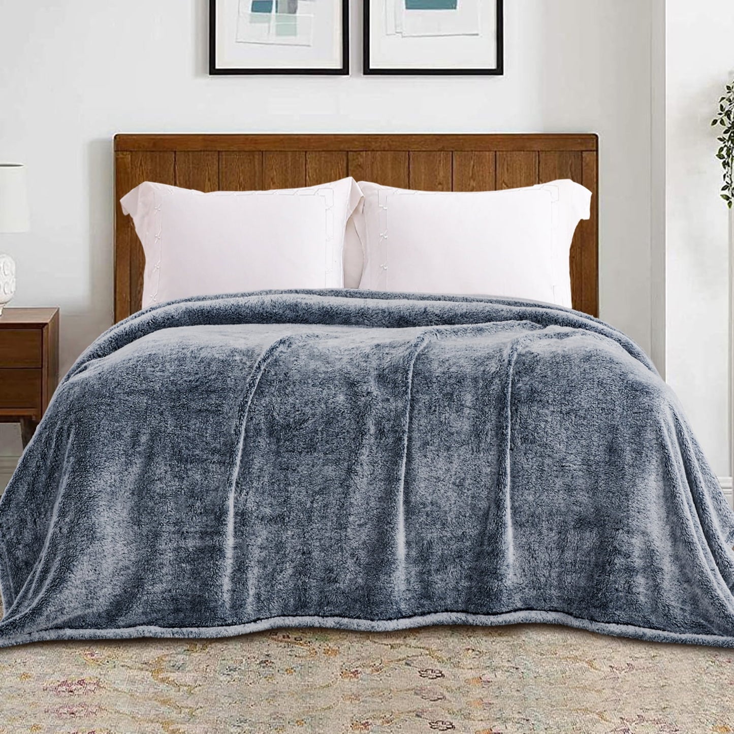 Exclusivo Mezcla Plush Fuzzy Fleece Queen Size Bed Blanket, Super Soft Fluffy and Thick Blankets for Travel Bed and Couch (Mixed Navy Blue, 90x90 inches)