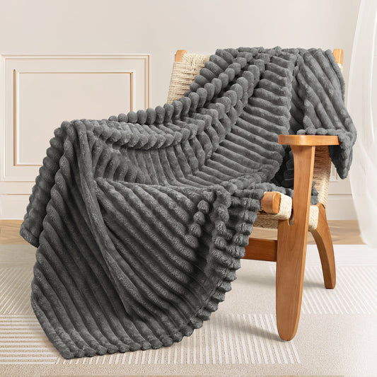 Exclusivo Mezcla Fleece Throw Blanket for Couch, Super Soft 3D Striped Jacquard Bed Blanket, Lightweight Fuzzy Cozy Blankets for All Seasons, 50x60 Inches, Dark Grey Blanket