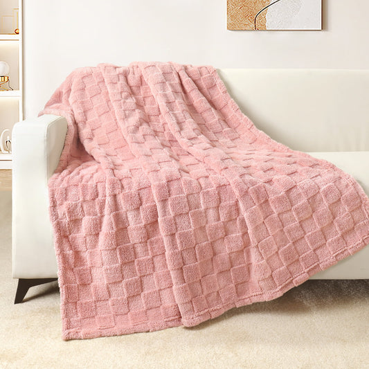 Exclusivo Mezcla Fleece Throw Blanket for Couch, Super Soft 3D Checkered Jacquard Bed Blanket, Cozy Fluffy Lightweight Blanket for All Seasons, 50x60 Inches, Pink Blanket