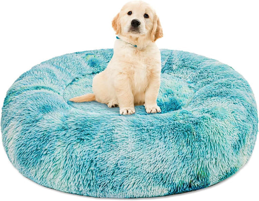 Exclusivo Mezcla Calming Donut Pet Bed for Medium Dogs 32", Anti-Anxiety Plush Cozy Warming Dog Bed, Gradient Aqua