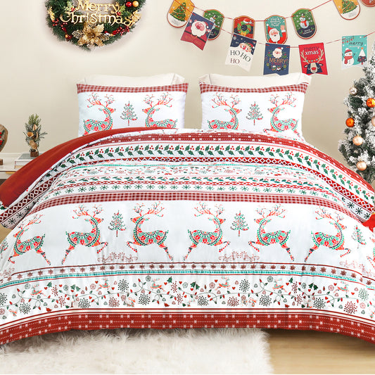 Exclusivo Mezcla Christmas Queen Size Comforter Set, 3 Pieces Reversible Rust Red Striped Bedding Comforters, Printed Flowers Reindeer Pattern