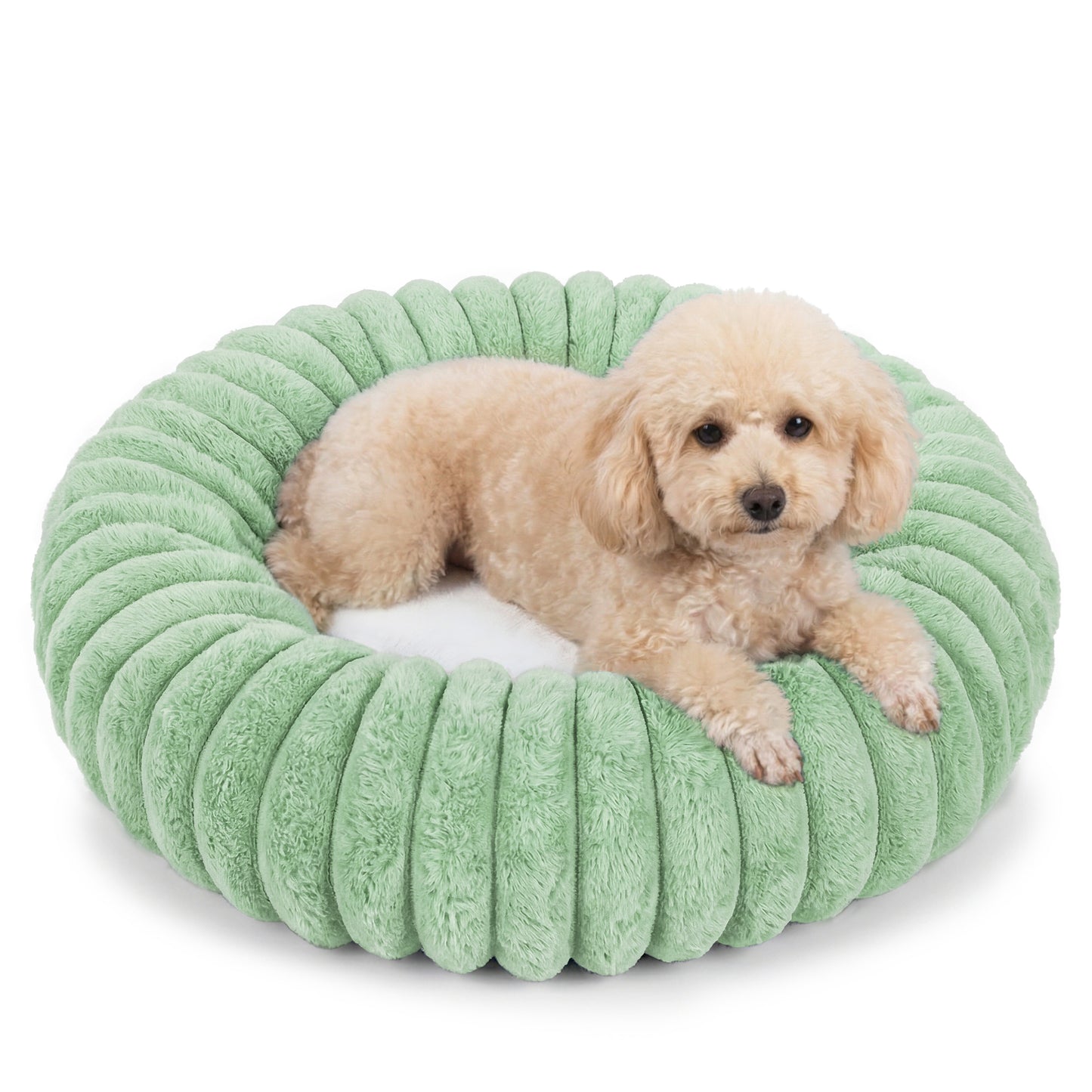 Exclusivo Mezcla Calming Donut Dog Bed, 24 inches Cozy Fluffy Faux Rabbit Fur Round Pet Bed, Machine Washable, Green