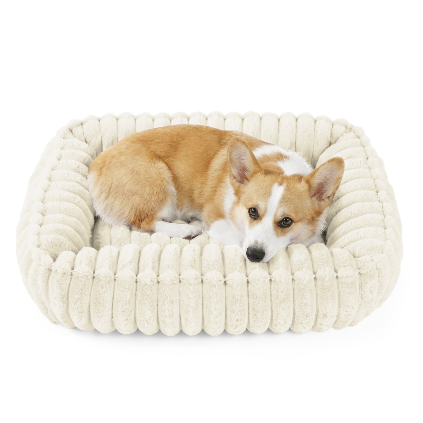 Exclusivo Mezcla Ribbed Plush Cuddler Dog Bed, 24"x20" Calming Pet Bed with Non-Slip Bottom for Medium Dogs, Machine Washable, Ivory