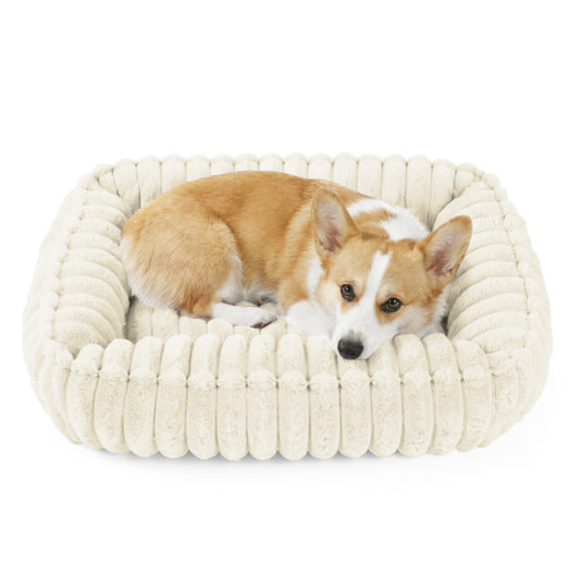 Exclusivo Mezcla Ribbed Plush Cuddler Dog Bed, 24"x20" Calming Pet Bed with Non-Slip Bottom for Medium Dogs, Machine Washable, Ivory