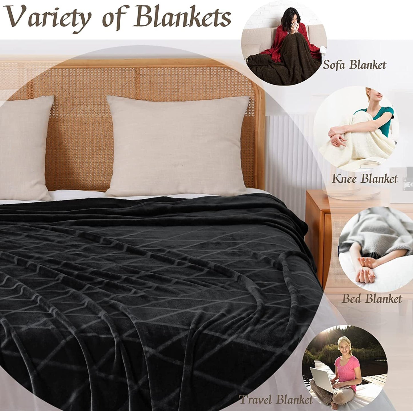 Exclusivo Mezcla Queen Size Flannel Fleece Blanket, 90x90 Inches Soft Diamond Geometry Pattern Velvet Plush Blanket for Bed, Cozy, Warm, Lightweight and Decorative Black Blanket