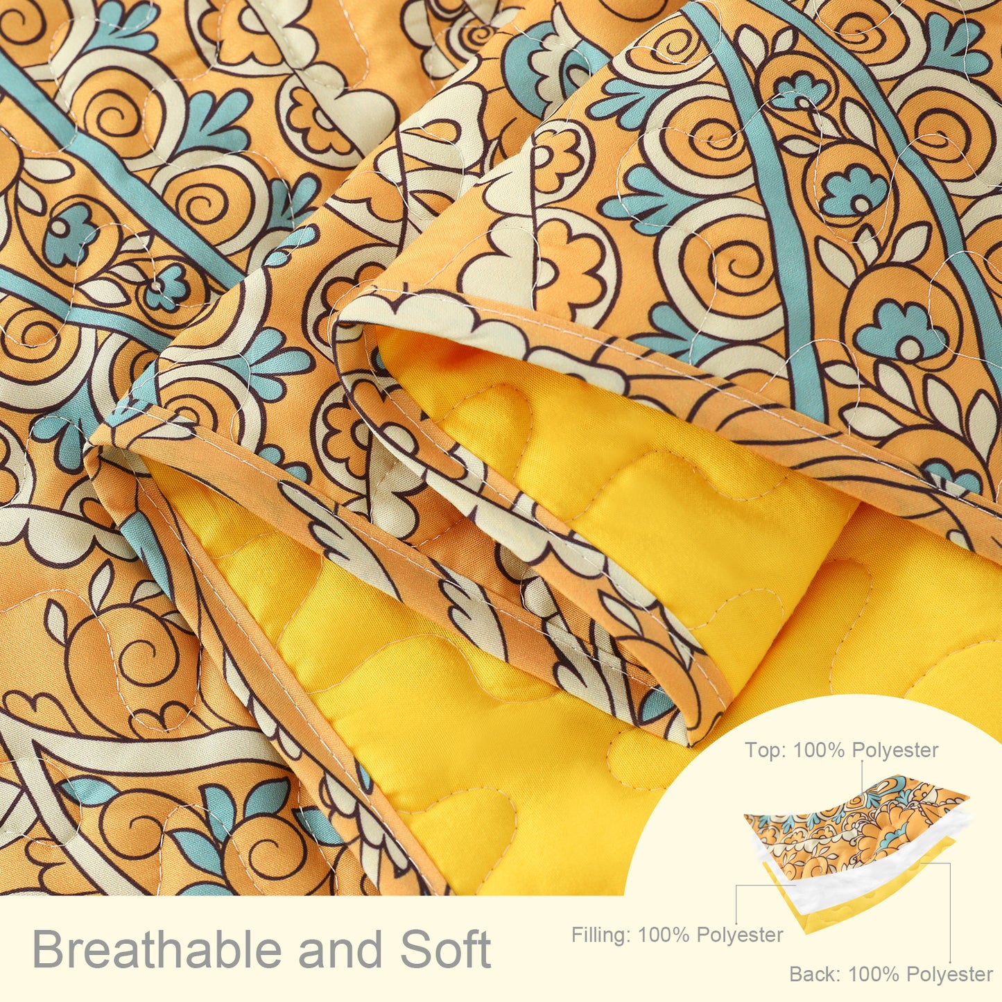 Exclusivo Mezcla Reversible Boho Quilt Set King Size, 3 Pieces Paisley Orange All Season Bedspreads, Ultra Soft Floral Coverlet Bedding Set with Printed Pattern (1 Quilt, 2 Pillow Shams)