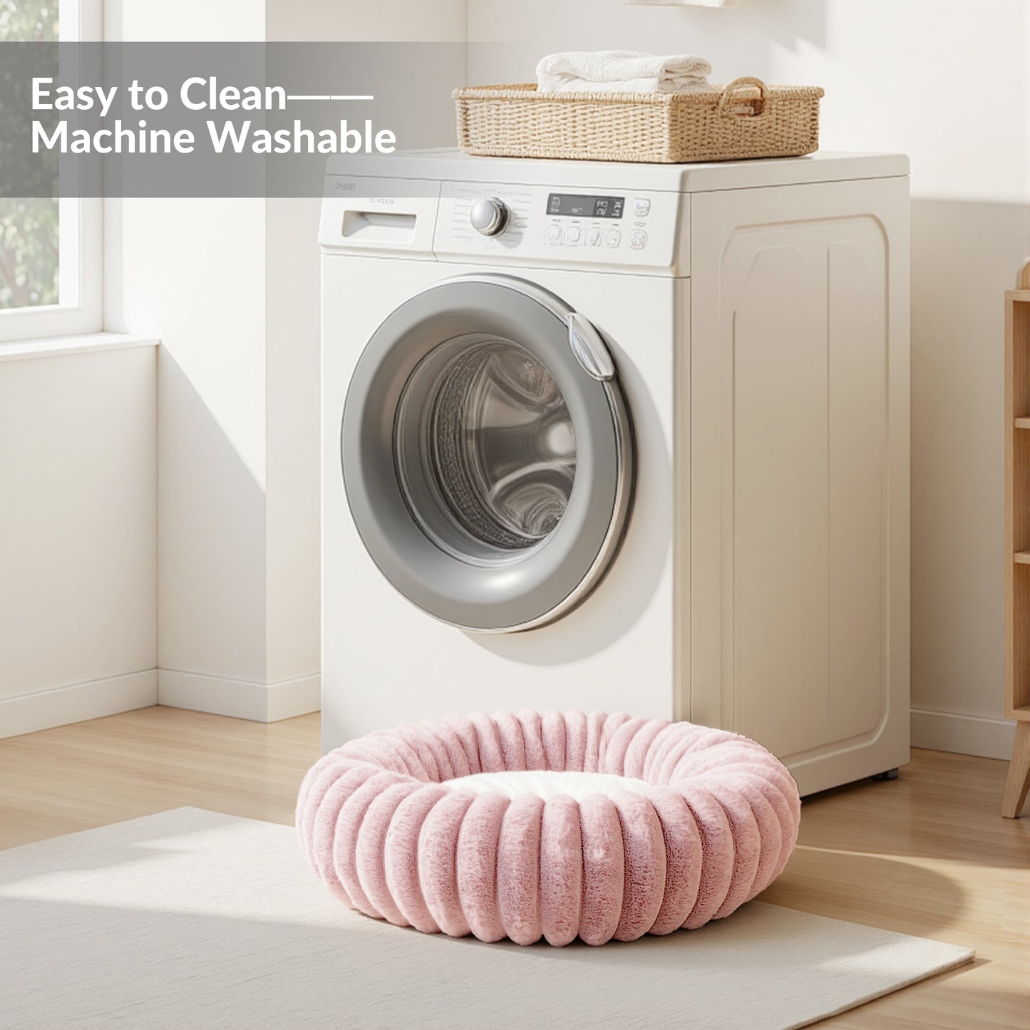 Exclusivo Mezcla Calming Donut Dog Bed, 20 inches Cozy Fluffy Faux Rabbit Fur Round Pet Bed, Machine Washable, Pink