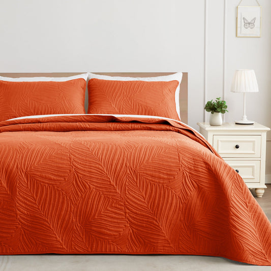 Exclusivo Mezcla California King Quilt Set Burnt Orange, Lightweight Bedspread Leaf Pattern Bed Cover Soft Coverlet Bedding Set(1 Quilt, 2 Pillow Shams)