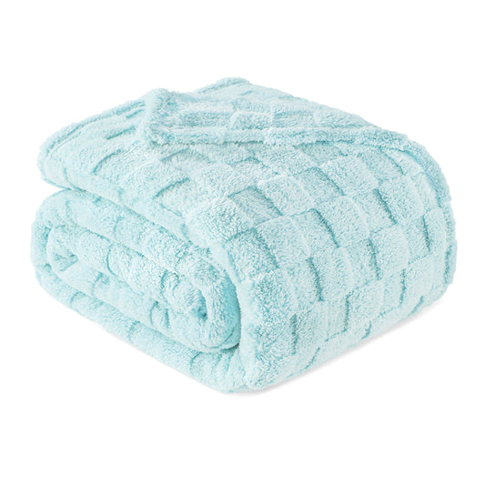 Exclusivo Mezcla Queen Size Flannel Fleece Blanket, Super Soft 3D Checkered Jacquard Bed Blanket, Cozy Fluffy Lightweight Blanket for All Seasons, 90x90 Inches, Light Blue Blanket