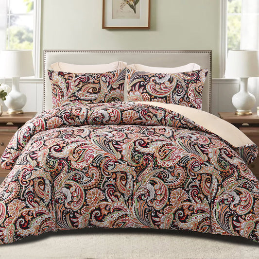 Exclusivo Mezcla 3-Piece Paisley Queen Comforter Set, Microfiber Bedding Down Alternative Comforter for All Seasons with 2 Pillow Shams, Black and Camel