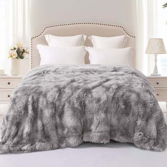 Exclusivo Mezcla Queen Size Faux Fur Bed Blanket, Super Soft Fuzzy and Plush Reversible Sherpa Fleece Blanket and Warm Blankets for Bed, Sofa, Travel, 90X90 inches, Dark Grey