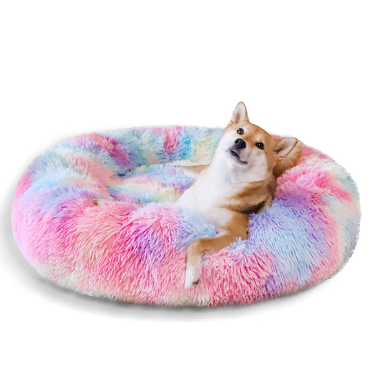 Exclusivo Mezcla Calming Donut Pet Bed for Small Dogs 20", Anti-Anxiety Plush Cozy Warming Dog Bed, Pink Rainbow
