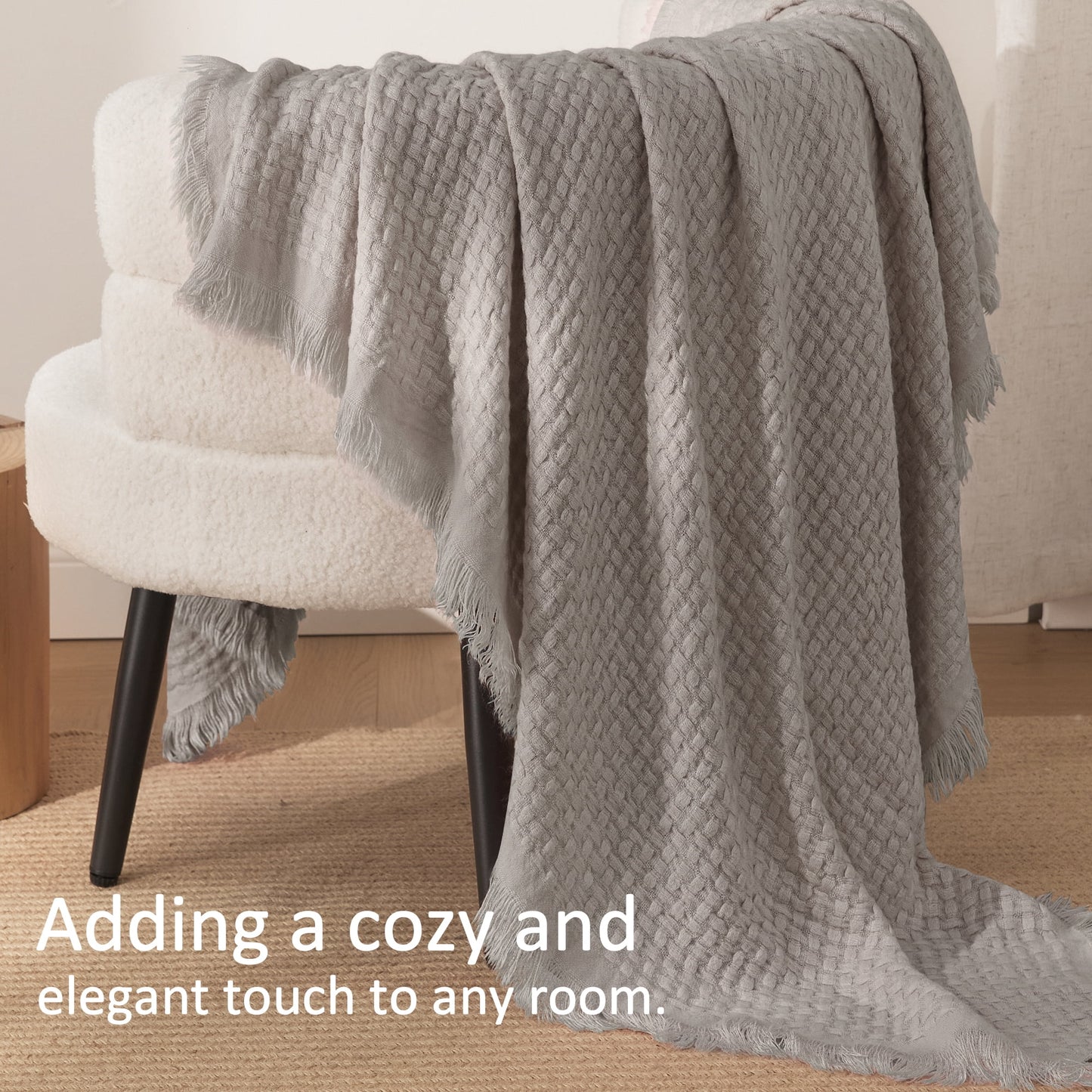 Exclusivo Mezcla Knitted Throw Blanket with Fringes for Couch, Soft and Warm Textured Throw for All Season, Lightweight Breathable Room Decor, Beige, 50??x60??,Exclusivo Mezcla"