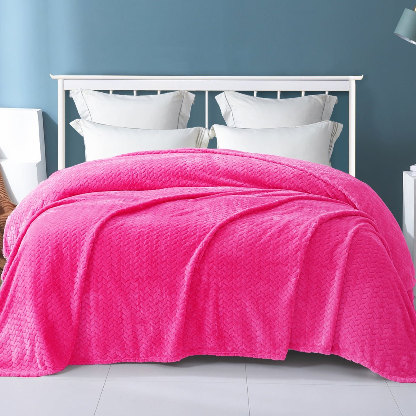 Exclusivo Mezcla Queen Size Flannel Fleece Blanket, 90x90 Inches Soft Jacquard Weave Leaves Pattern Velvet Plush Blanket for Bed, Cozy, Warm, Lightweight and Decorative Hot Pink Blanket