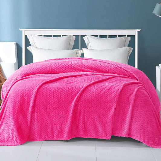 Exclusivo Mezcla Queen Size Flannel Fleece Blanket, 90x90 Inches Soft Jacquard Weave Leaves Pattern Velvet Plush Blanket for Bed, Cozy, Warm, Lightweight and Decorative Hot Pink Blanket