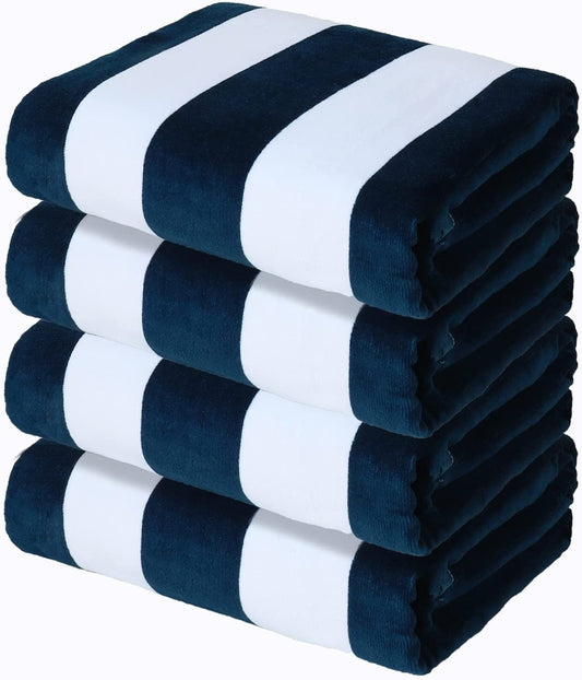 Exclusivo Mezcla 4-Pack Cotton Large Cabana Stripe Beach Towels, Super Absorbent Soft Plush Pool Towel, Bath Towel (Dark Navy, 30"x60")
