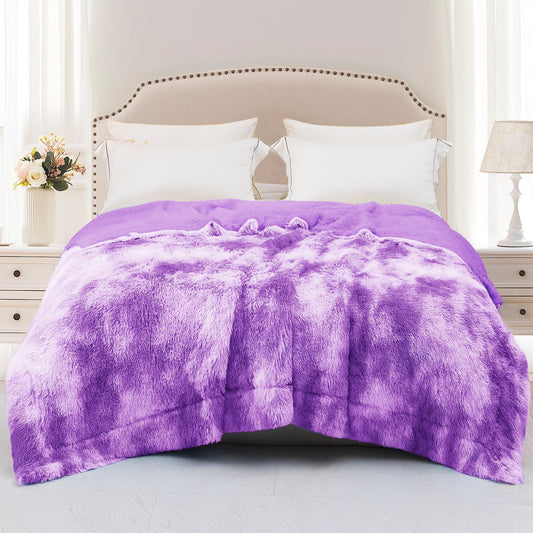 Exclusivo Mezcla Queen Size Faux Fur Throw Blanket, Super Soft Fuzzy and Plush Reversible Shaggy Sherpa Fleece Blanket and Warm Blankets for Bed, Sofa, Travel, 90X90 inches, Purple