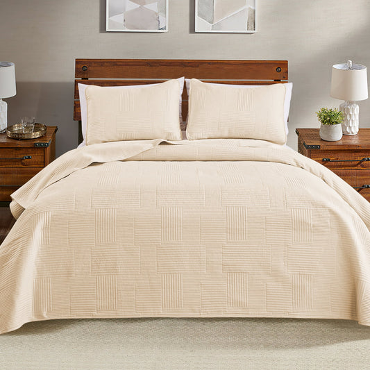 Exclusivo Mezcla King Quilt Set, Soft and Lightweight Bedspreads Coverlet with Striped Pattern, Bedding Sets with 2 Pillow Shams, Reversible Bed Cover for All Seasons, 96x104 Inches，Brich Beige Grid