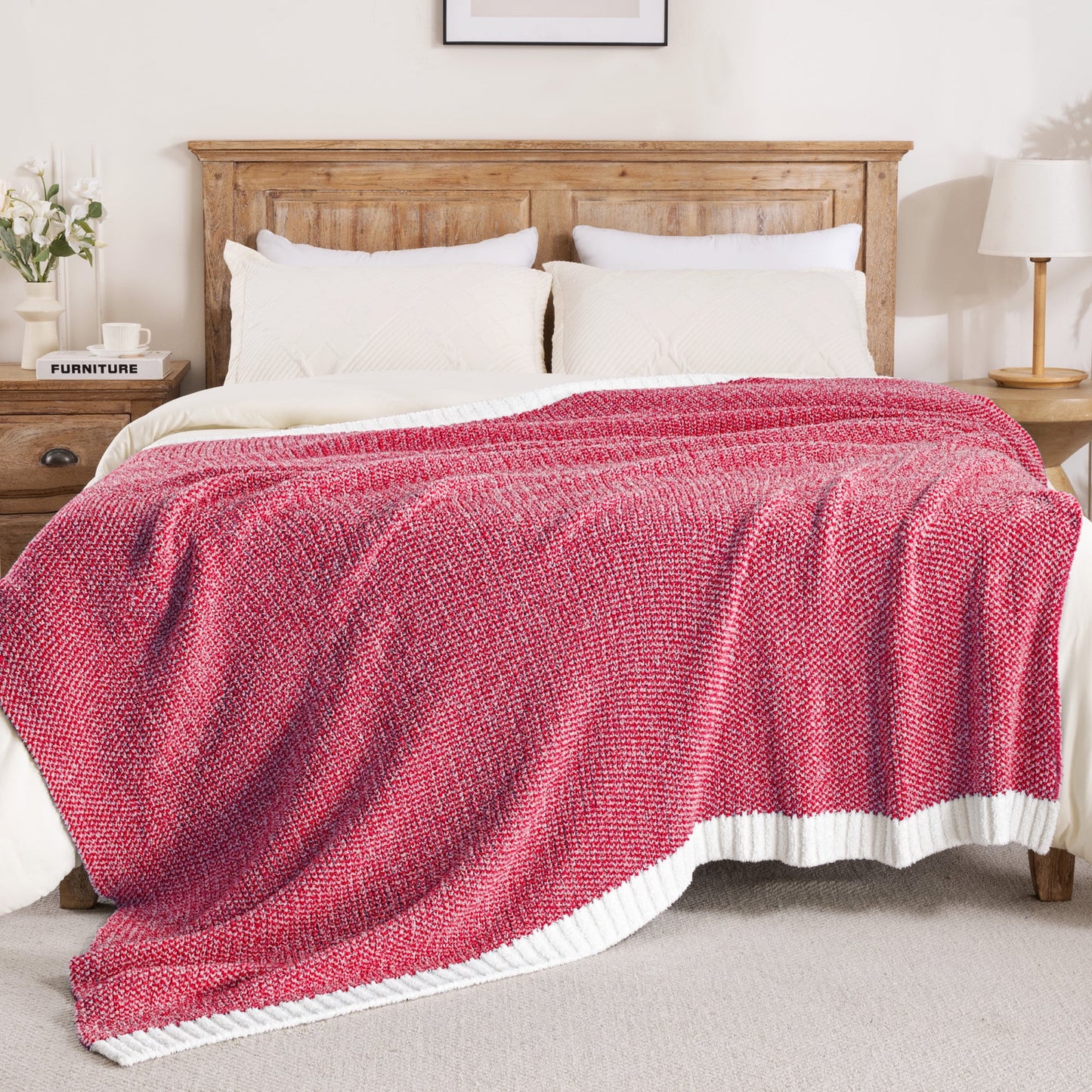 Exclusivo Mezcla Knit Blanket for Bed Queen Size, Ultra Soft Cozy Fluffy Blanket, Lightweight Fuzzy Throw for Couch and Bed, Mixed Red, 90"x90"