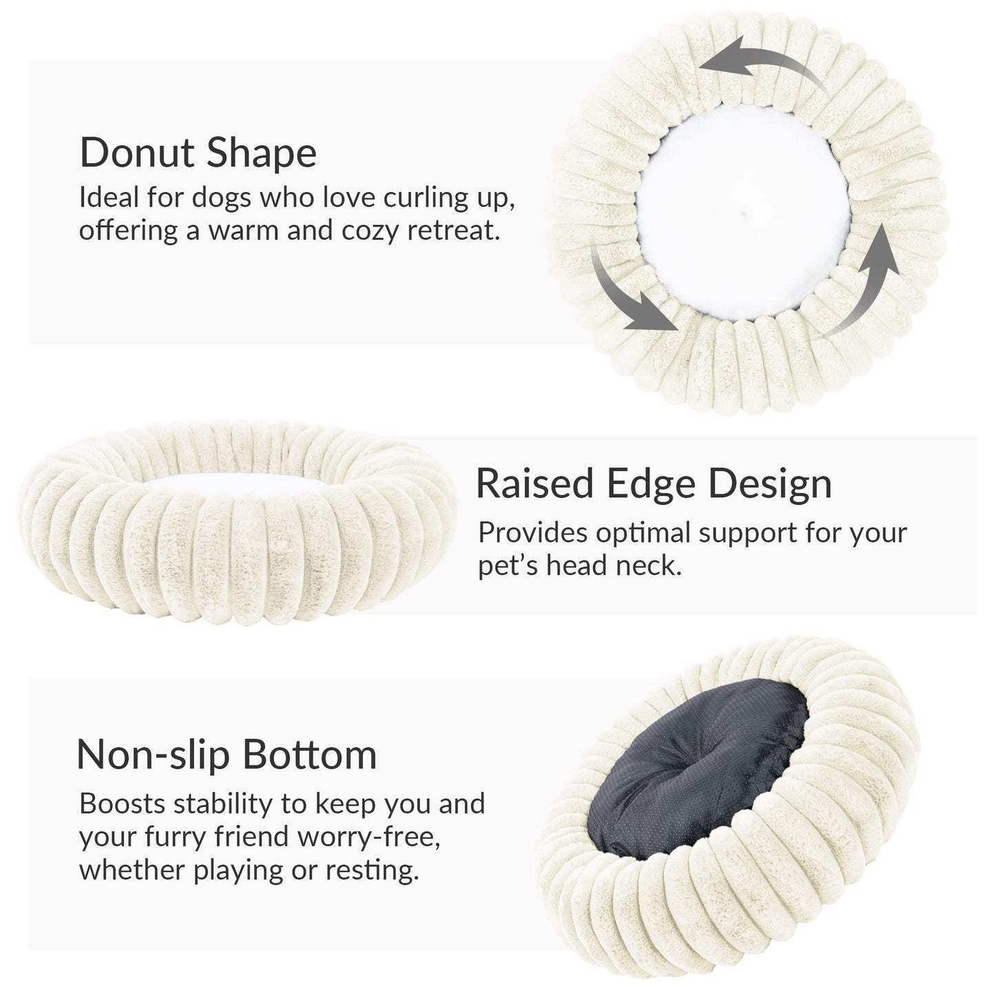 Exclusivo Mezcla Calming Donut Dog Bed, 36 inches Cozy Fluffy Faux Rabbit Fur Round Pet Bed, Machine Washable, Ivory