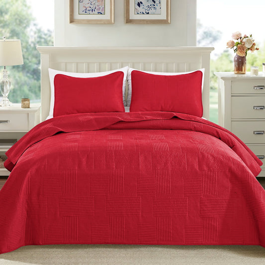 Exclusivo Mezcla King Quilt Set, Soft and Lightweight Bedspreads Coverlet with Striped Pattern, Bedding Sets with 2 Pillow Shams, Reversible Bed Cover for All Seasons, 96x104 Inches，Red Grid