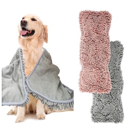 2 Pack Luxury Absorbent Dog Towels, (35"x15") Extra Large Microfiber Quick Drying Dog Shammy with Hand Pockets Pet Towel for Dog and Cat, Machine Washable (Grey+Pink)