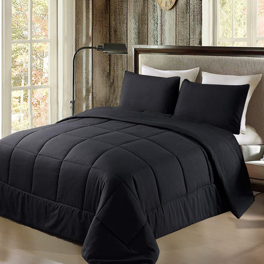 Exclusivo Mezcla Lightweight Reversible 2-Piece Comforter Set All Seasons, Down Alternative Comforter with 1 Pillow Sham, Twin Size, Black