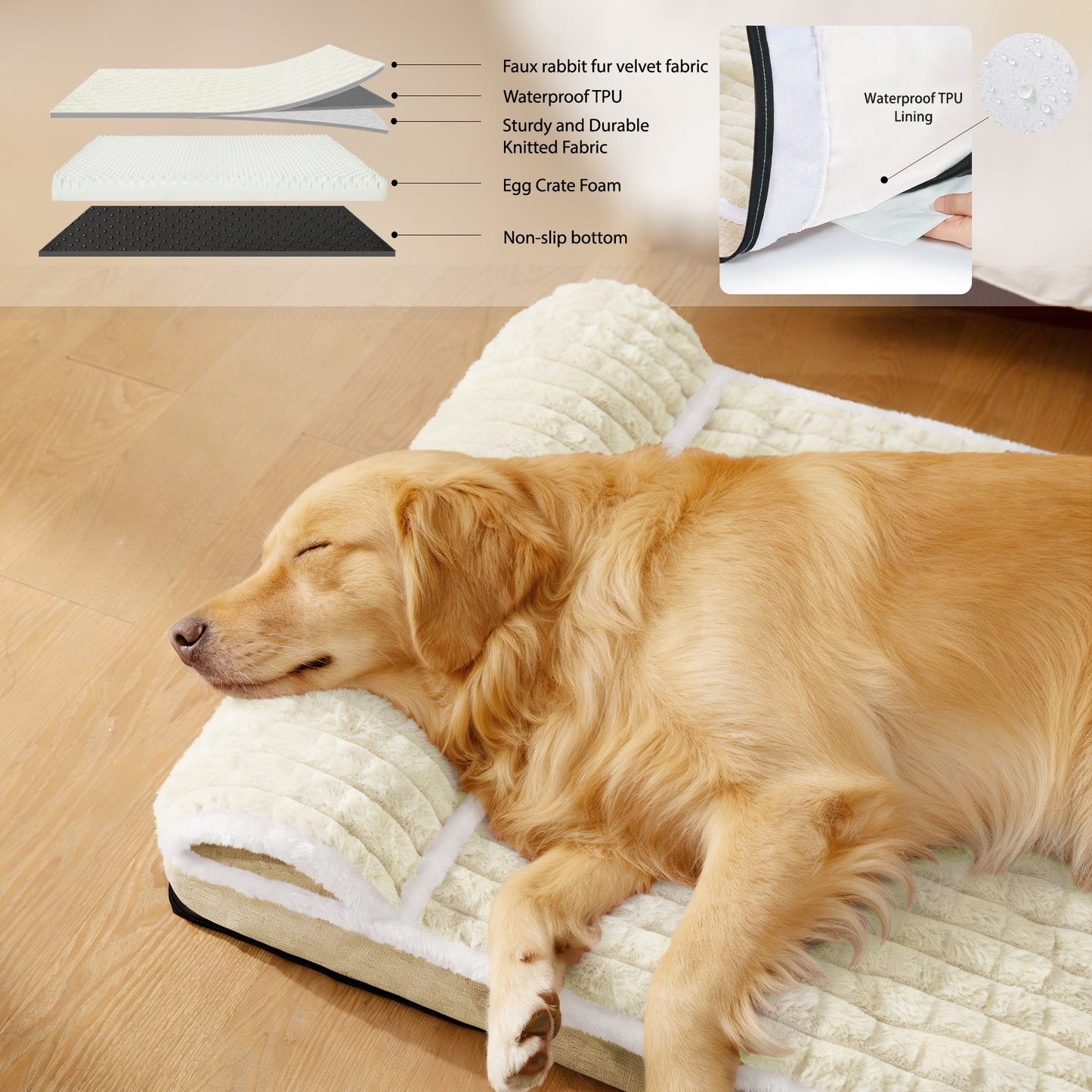 Exclusivo Mezcla Orthopedic Dog Bed with Head Pillow for Small and Medium Dogs, Removable and Machine-Washable Cover, 30"X20", Ivory