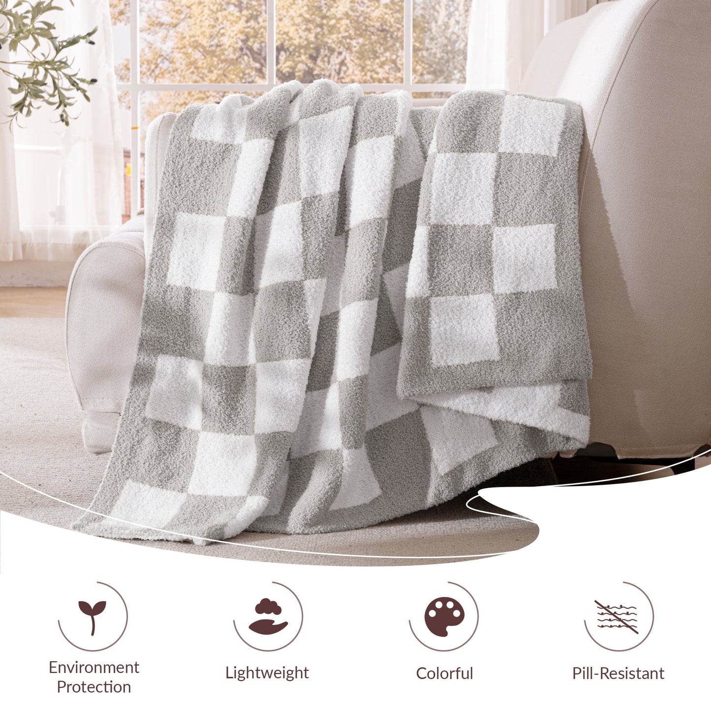 Exclusivo Mezcla Checkered Knit Throw Blanket, Ultra Soft Cozy Fluffy Checkerboard Blankets, Lightweight Fuzzy Plush Throw for Couch and Bed, Light Grey, 50"x60"