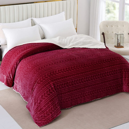 Exclusivo Mezcla Queen Size Sherpa Fleece Bed Blanket, Ultra Soft and Warm Reversible Velvet Blankets for Bed Couch Sofa 90x90 inches, Deep Red