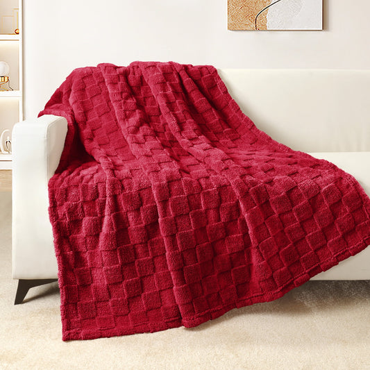 Exclusivo Mezcla Fleece Throw Blanket for Couch, Super Soft 3D Checkered Jacquard Bed Blanket, Cozy Fluffy Lightweight Blanket for All Seasons, 50x60 Inches, Deep Red Blanket