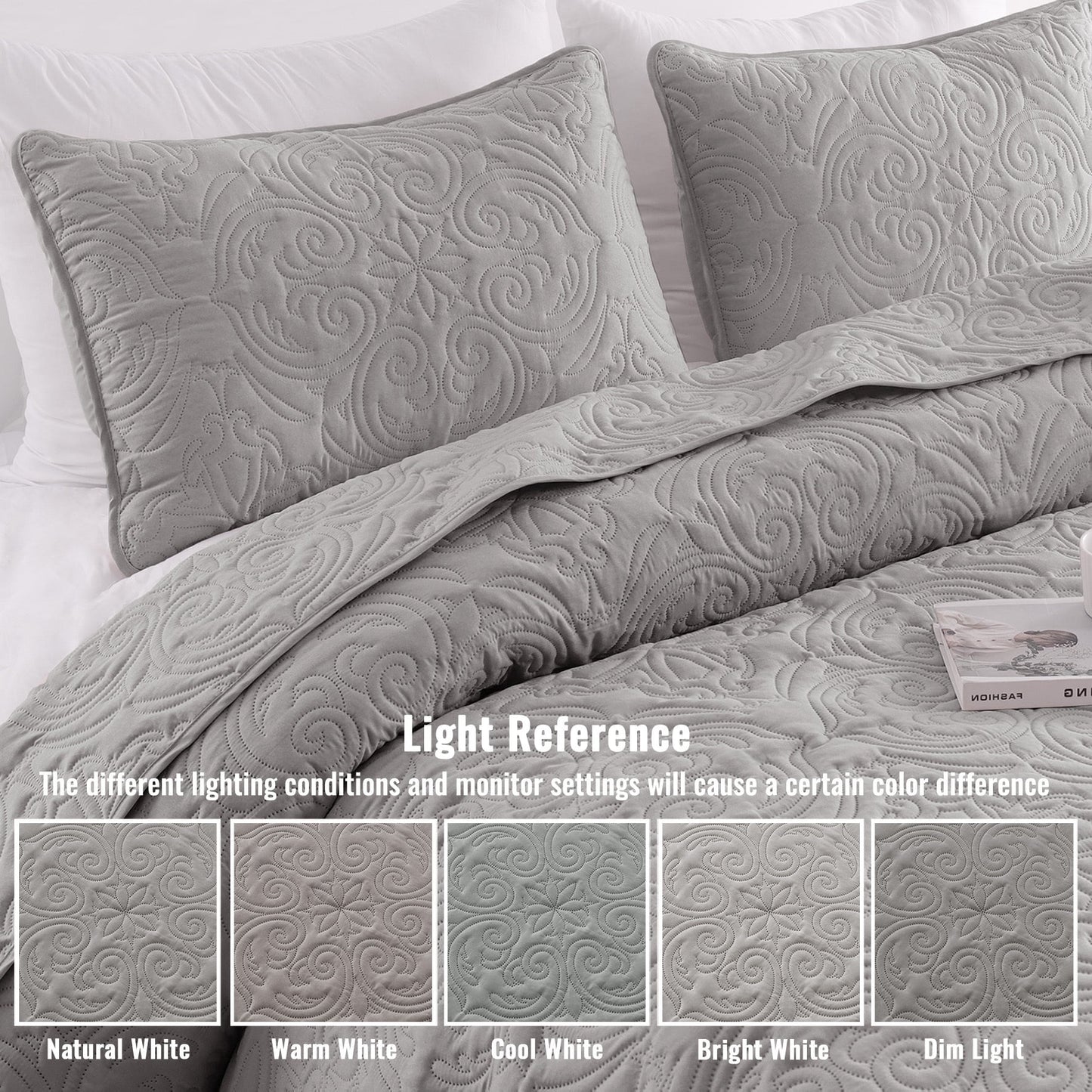 Exclusivo Mezcla Oversized King Quilt Bedding Set, Lightweight Vintage California Cal King Size Quilts with Pillow Shams, Soft Bedspreads Coverlets for All Seasons (112"x104", Light Grey)