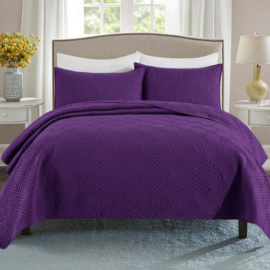 Exclusivo Mezcla 3-Piece Deep Purple Queen Size Quilt Set, Square Pattern Ultrasonic Lightweight and Soft Quilts/Bedspreads/Coverlets/Bedding Set (1 Quilt, 2 Pillow Shams) for All Seasons