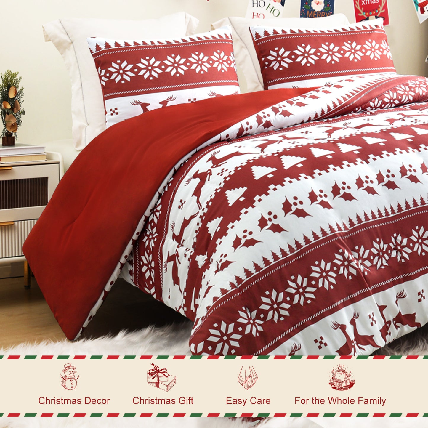 Exclusivo Mezcla Christmas Queen Size Comforter Set, 3 Pieces Reversible White and Rust Red Striped Bedding Comforters, Printed Reindeer Snowflakes Pattern