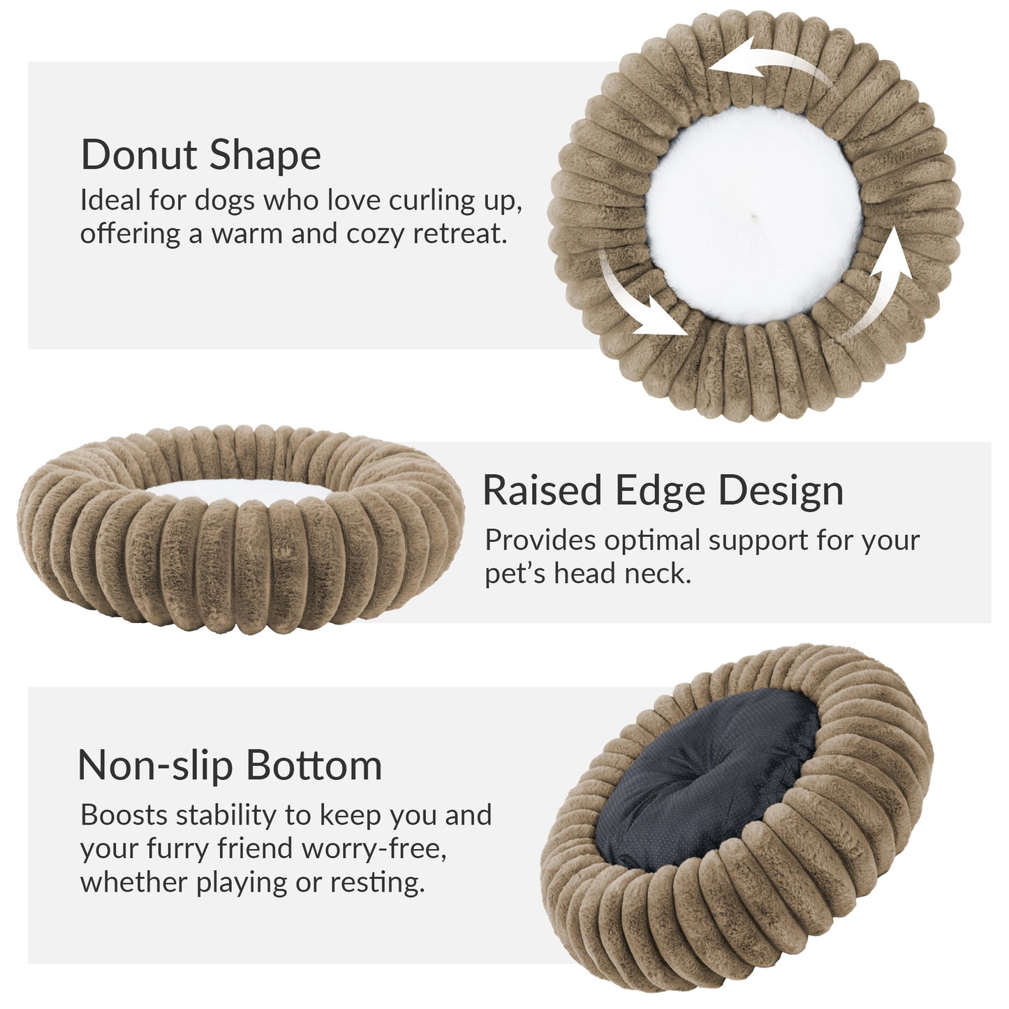 Exclusivo Mezcla Calming Donut Dog Bed, 20 inches Cozy Fluffy Faux Rabbit Fur Round Pet Bed, Machine Washable, Khaki